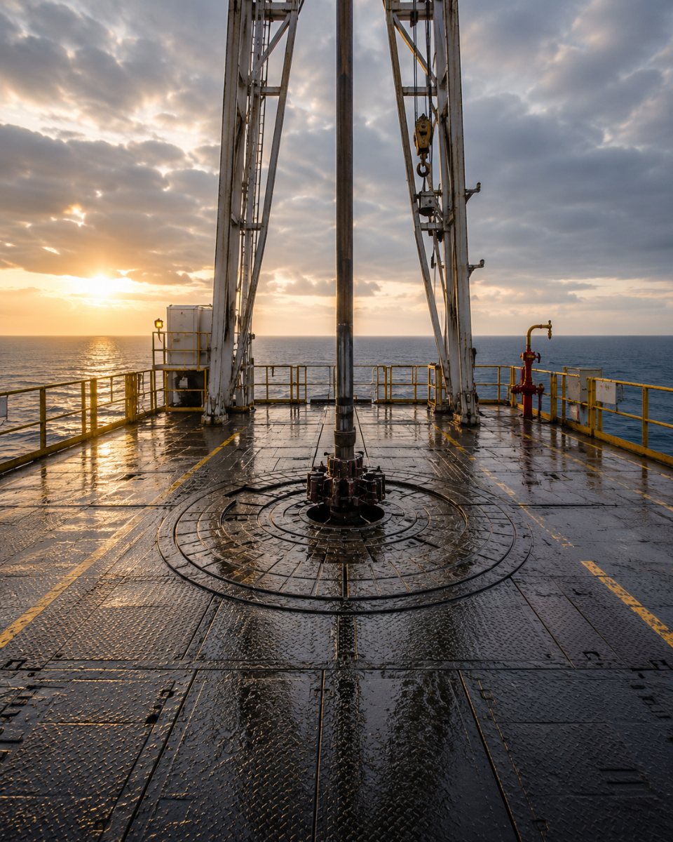 Rig floor with the drill string through the rotary table at sunrise