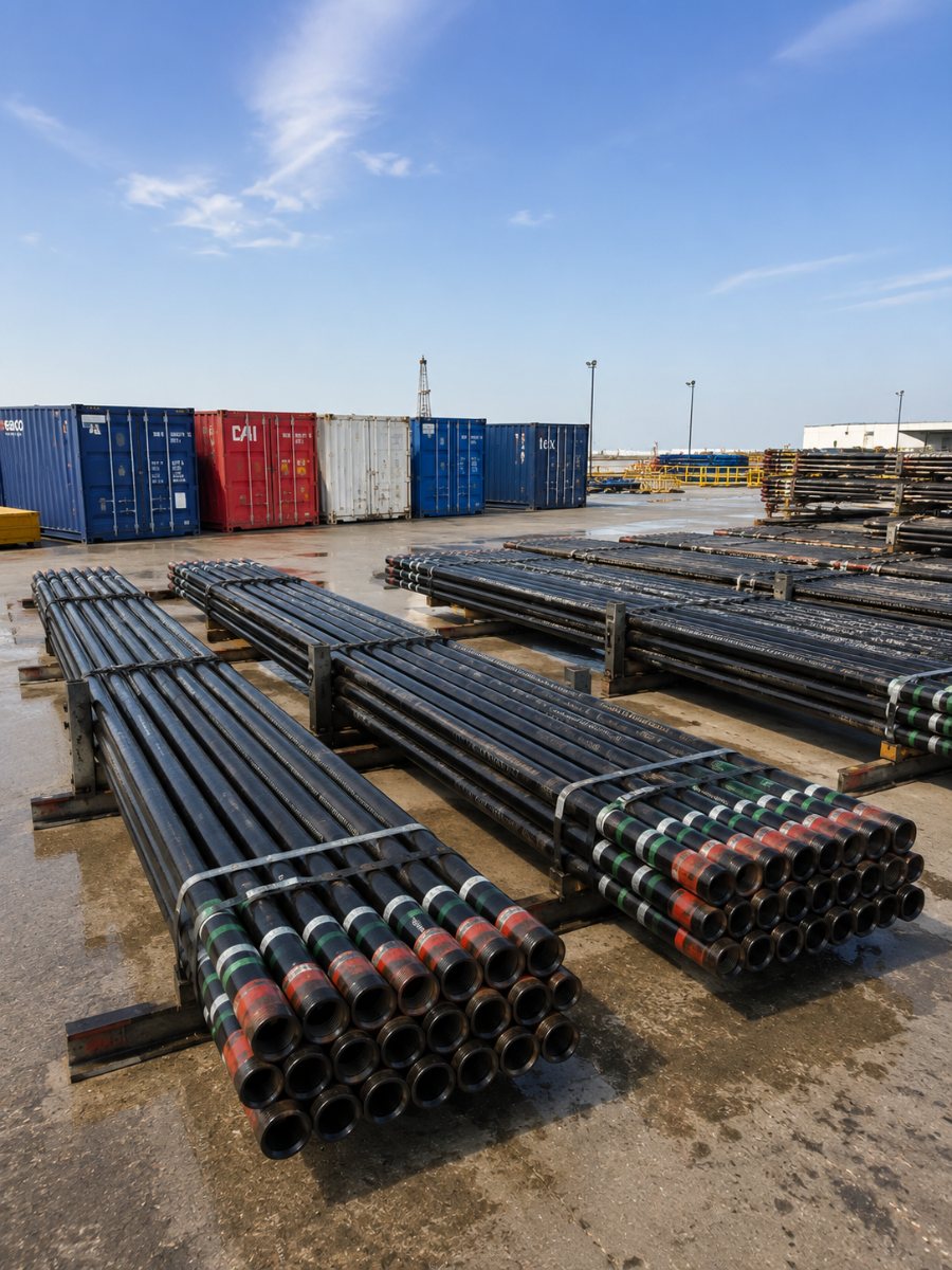 Casing and tubing racked in a supply yard with containers behind